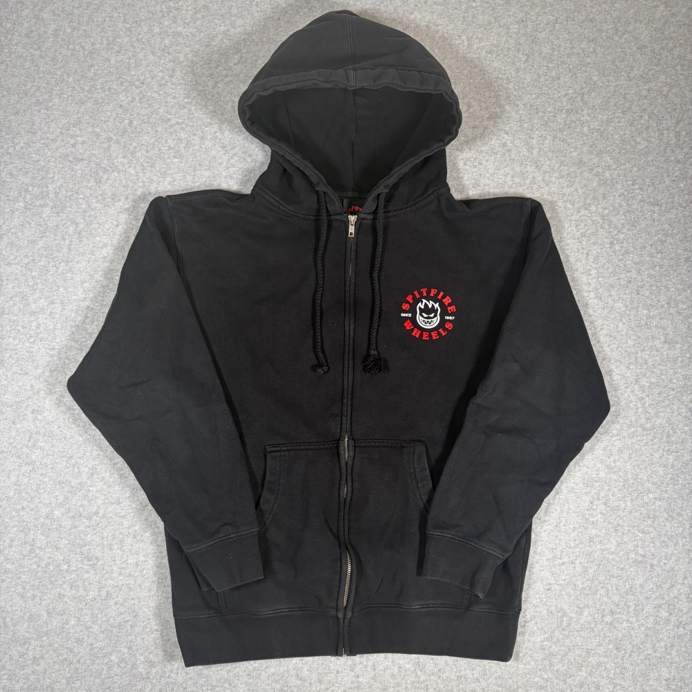 Y2K Spitfire Wheels Hoodie Mens Small Black Skateboard Sweatshirt Full Zip FLAW